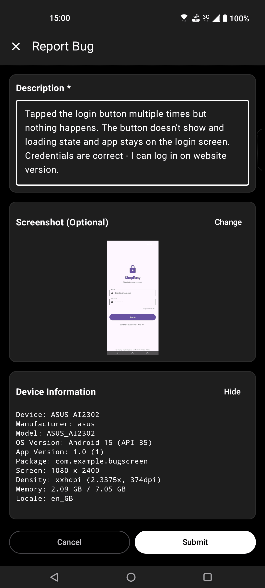 BugScreen Android SDK bug report interface