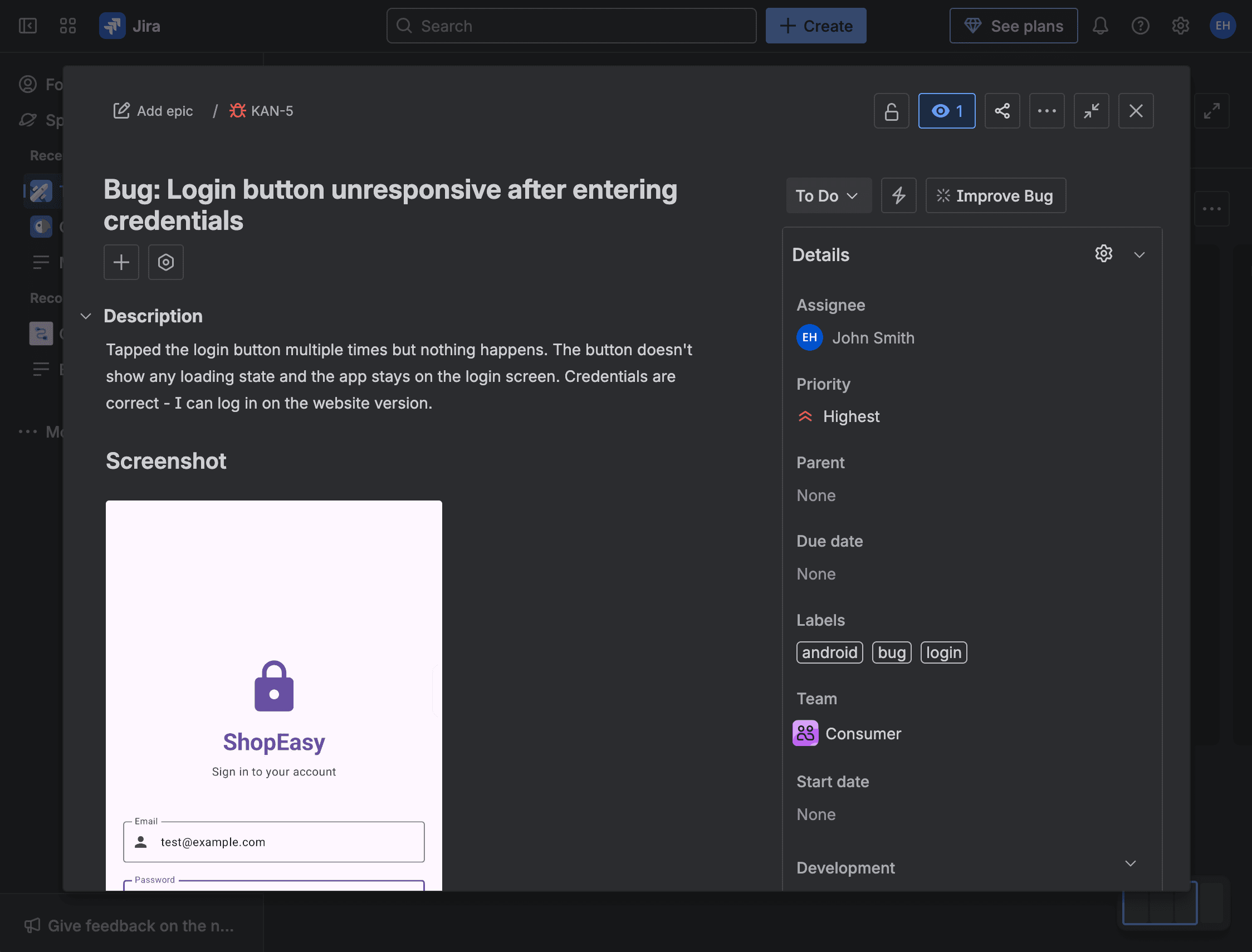Jira issue created by BugScreen with full context