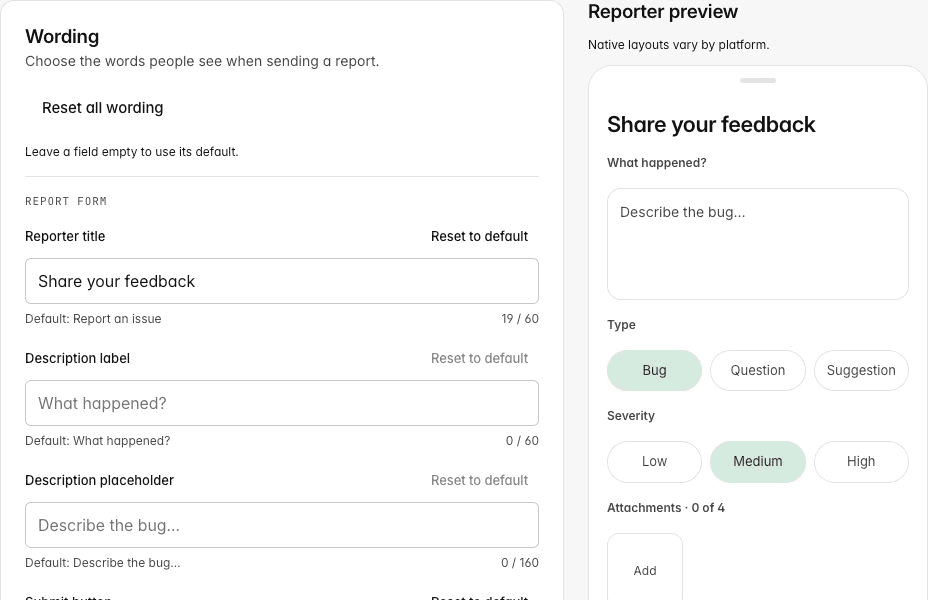 Wording editor beside the reporter preview, showing Share your feedback as the title.