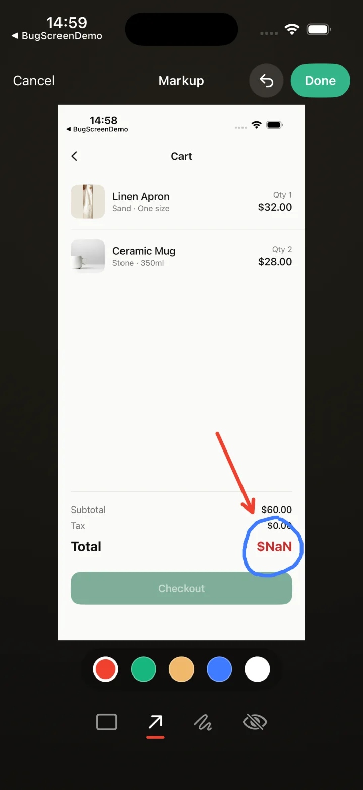 BugScreen markup screen with an annotated screenshot from an iOS test app