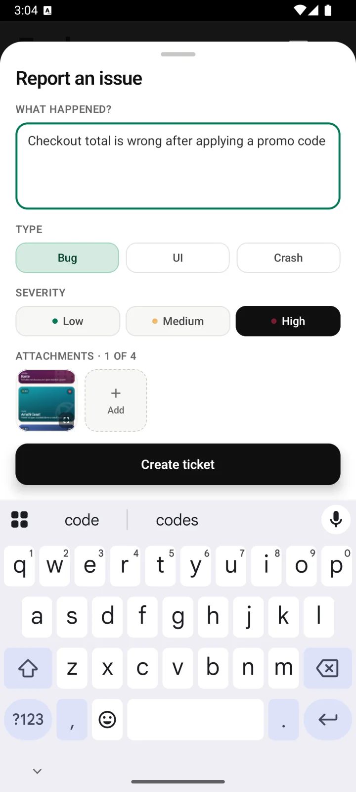 BugScreen companion app report form with a screenshot attached