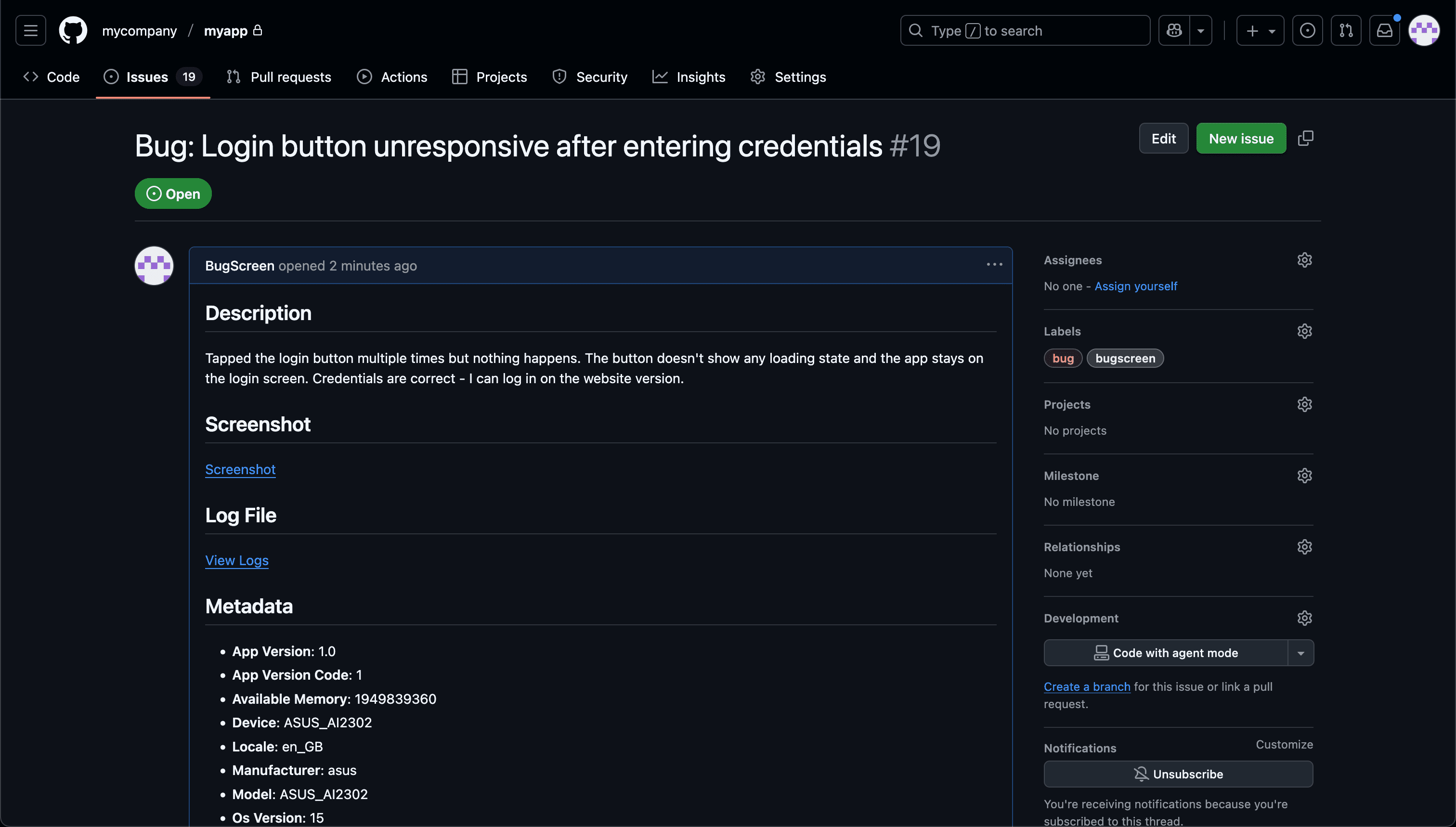 GitHub issue created by BugScreen