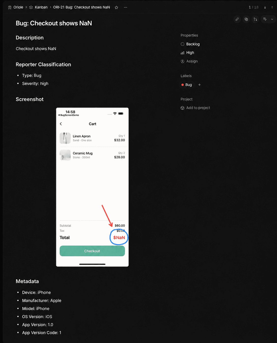Example Linear issue showing the same annotated cart screenshot as the BugScreen reporter